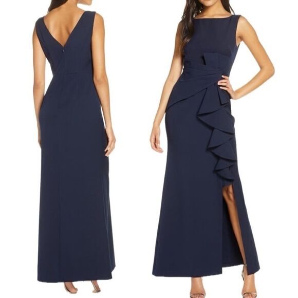 ELIZA J Ruffle Front Gown in Navy Blue size 6 - Picture 2 of 7